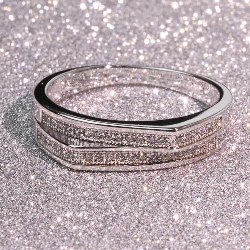 White Gold-Plated Crown Double Layer Ring with Simulated Diamonds