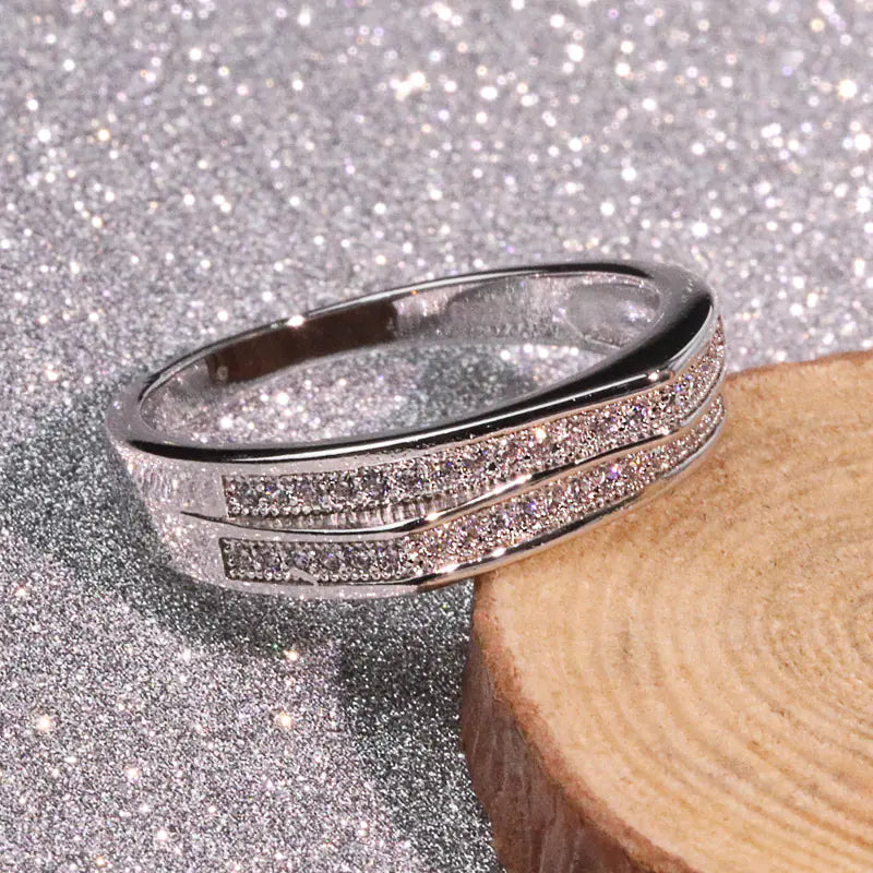 White Gold-Plated Crown Double Layer Ring with Simulated Diamonds