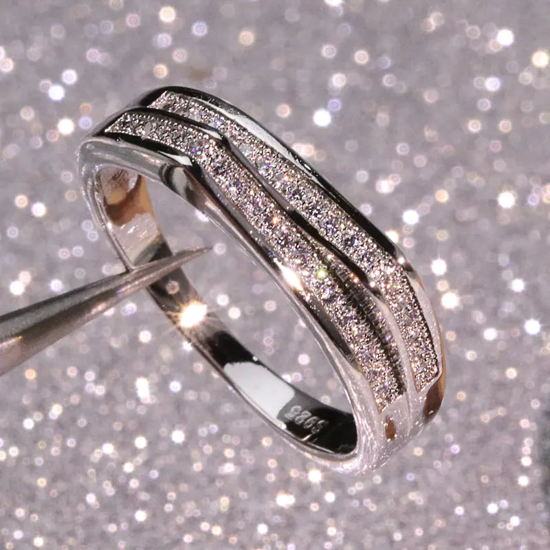 White Gold-Plated Crown Double Layer Ring with Simulated Diamonds